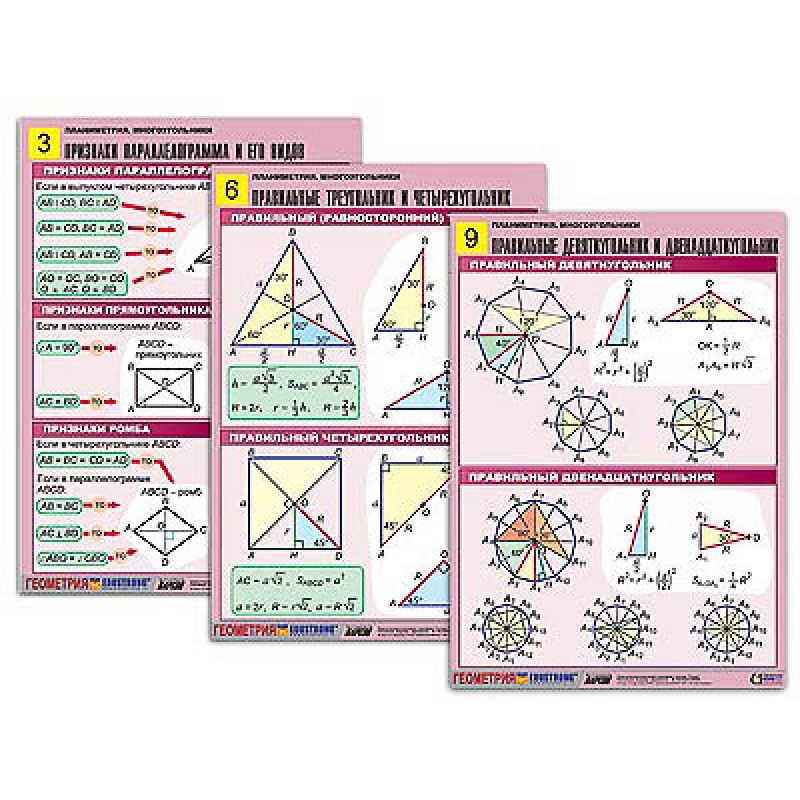 Комплект таблиц по геометрии "Планиметрия. Многоугольники" (10 табл., формат А1, лам.)